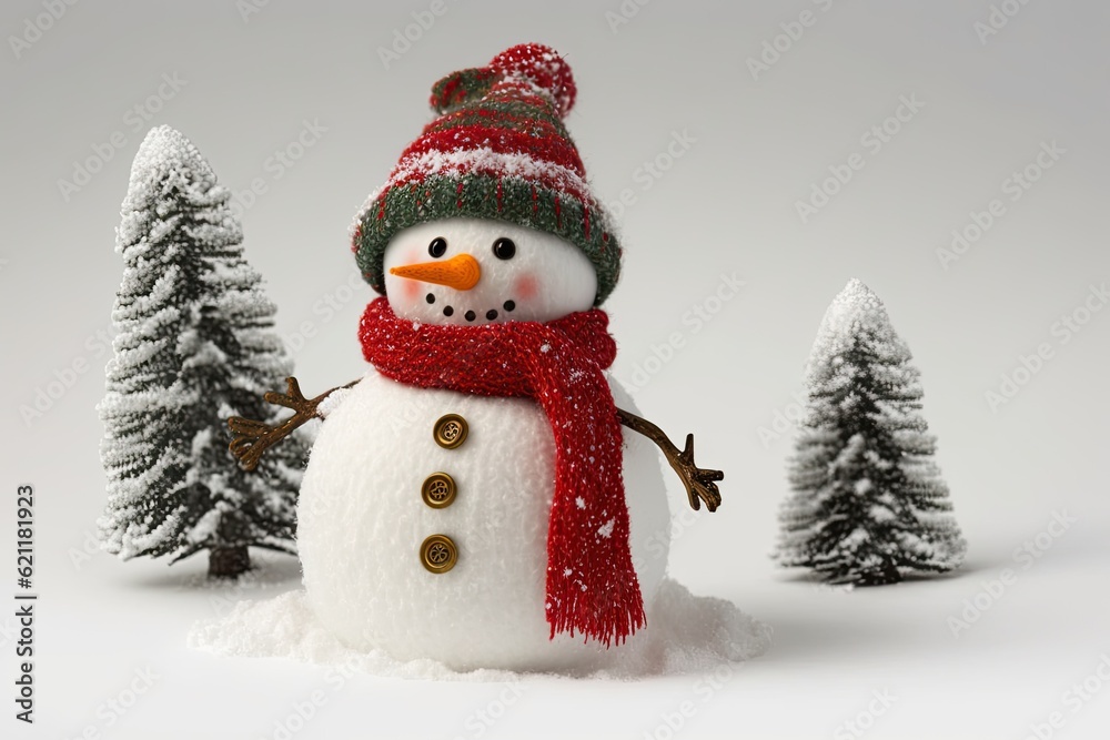 snowman wearing a red hat and scarf in a winter landscape. Generative AI