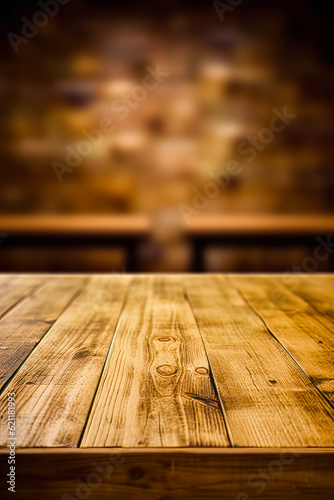 Close up of wooden table with bench in the back ground. Generative AI. © valentyn640
