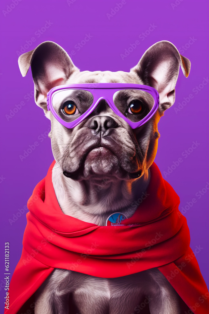 Dog wearing purple goggles and red scarf on purple background. Generative AI.