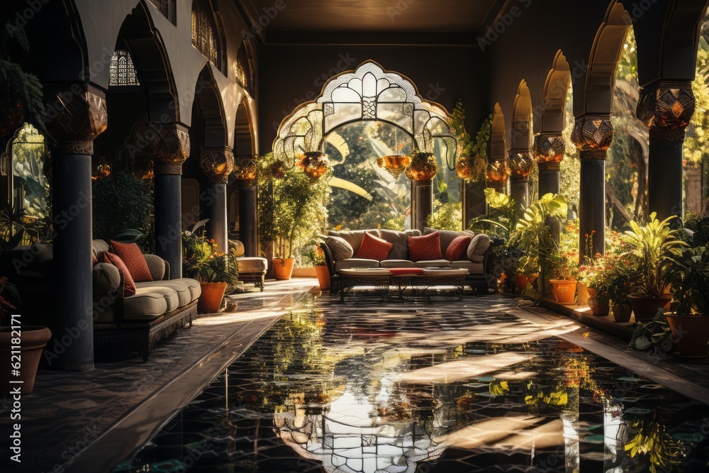 Decorated Moroccan Riad courtyard, featuring colorful tiles, lush plants, and a central fountain, conveying the tranquil and exotic atmosphere. Generative Ai