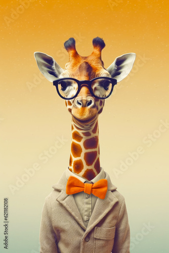 Giraffe wearing glasses and suit with orange bow tie. Generative AI.