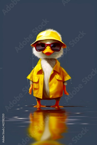 Yellow duck wearing sunglasses and yellow raincoat is standing on reflective surface. Generative AI. photo