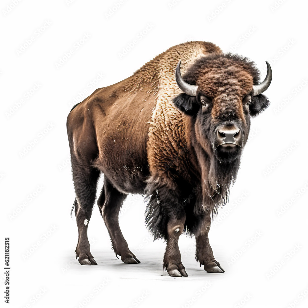 Large buffalo standing on white background with white background behind it. Generative AI.