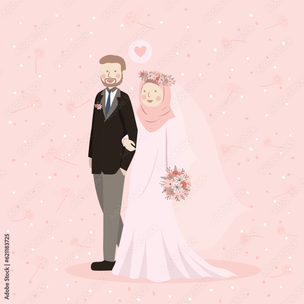 Cute Muslim Couple in wedding attire walking together in Pink Peach Flower Background Cute Muslim Couple in wedding attire walking together in Pink Peach Flower Background