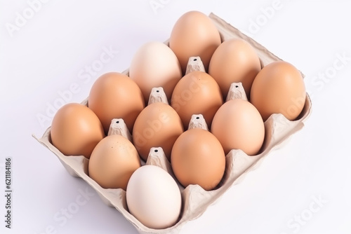 Chicken eggs in open carton box isolated on white, generative ai