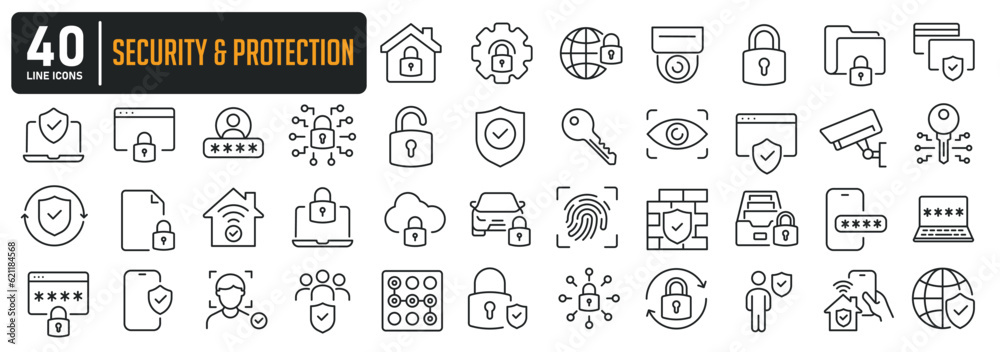 Safety, security, protection thin line icons. Editable stroke. For website marketing design, logo, app, template, ui, etc. Vector illustration. - obrazy, fototapety, plakaty 