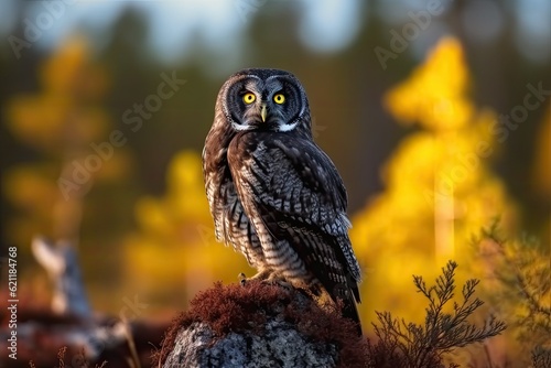 n owl perched on a mossy rock in a dense forest. Generative AI photo