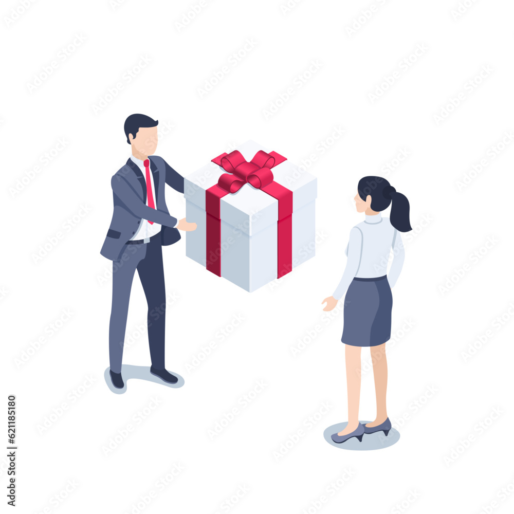 isometric vector illustration on a white background, a man in a business suit gives a woman a gift box with a bow, gift or promotion isometric vector illustration on a white background, a man in a business suit gives a woman a gift box with a bow, gift or promotion