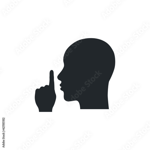 flat vector image isolated on white background, human head and hand with finger to lips, keep quiet