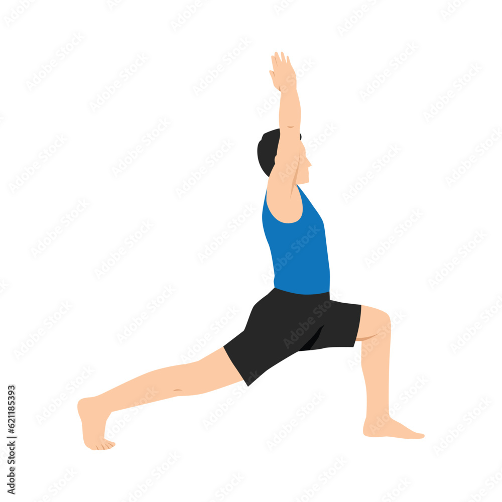 Man doing Crescent Lunge pose or Anjaneyasana exercise. Flat vector illustration isolated on white background