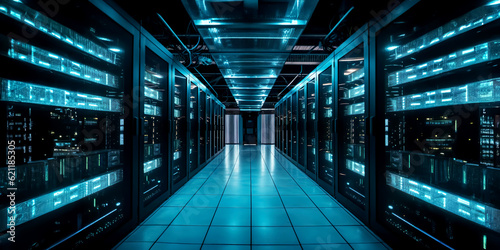 A server room racks in computer network security, data center, futuristic digital environment.