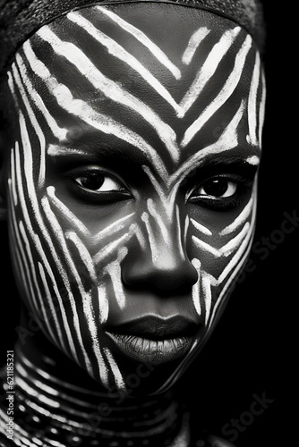 Black and white photo of woman with zebra stripes on her face. Generative AI.