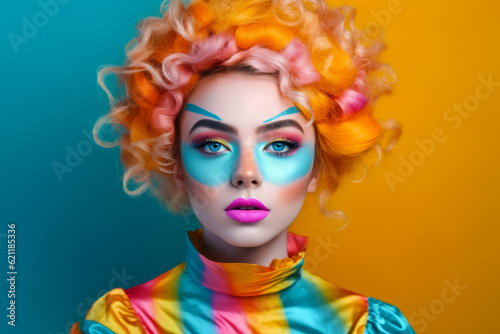Woman with bright hair and makeup is wearing blue and yellow wig. Generative AI.