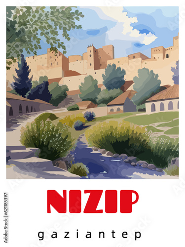 Nizip: Retro tourism poster with a Turkish landscape and the headline Nizip / Gaziantep
