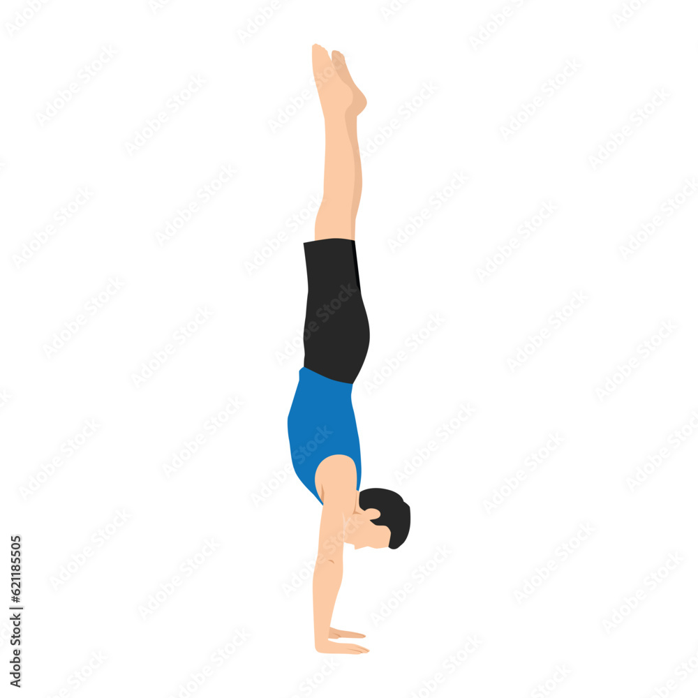 Man doing Adho Mukha vrksasana or handstand pose yoga exercise. Flat vector illustration isolated on white background Man doing Adho Mukha vrksasana or handstand pose yoga exercise. Flat vector illustration isolated on white background