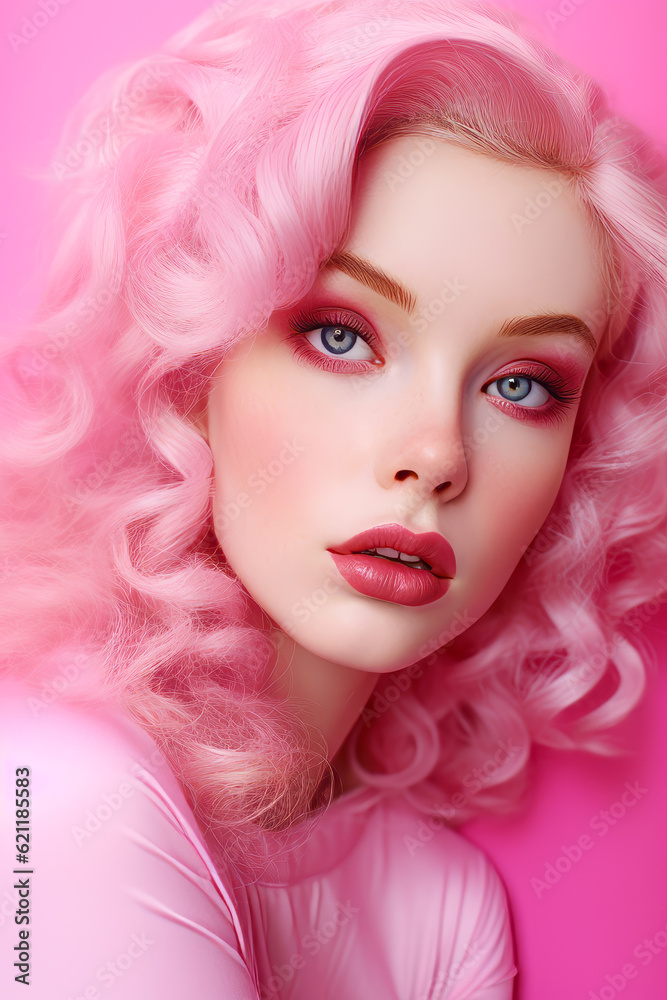 Close up of woman with pink hair and blue eyes wearing pink wig. Generative AI.