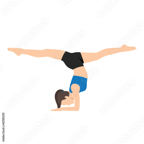 Woman doing Handstand with splits, variation of Pincha Mayurasana yoga exercise. Flat vector illustration isolated on white background