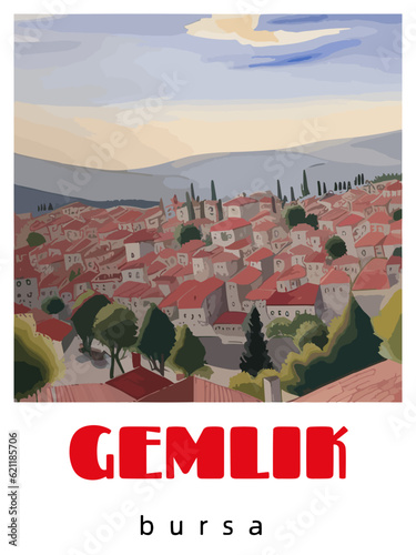 Gemlik: Retro tourism poster with a Turkish landscape and the headline Gemlik / Bursa