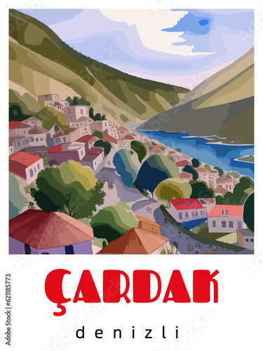Çardak: Retro tourism poster with a Turkish landscape and the headline Çardak / Denizli photo