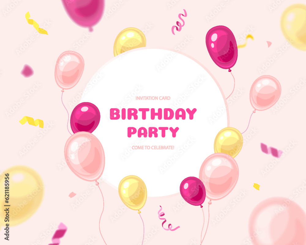 Birthday party invitation banner card balloon flat. Pink background flying confetti celebration congratulate concept postcard cover holiday event big date family friendly birth anniversary card pass