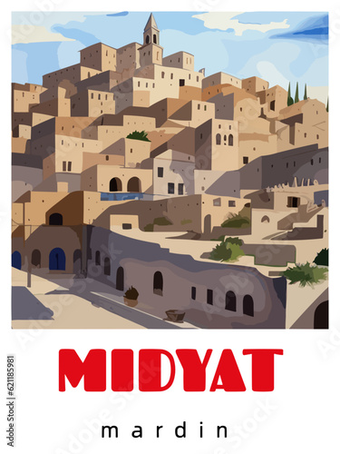 Midyat: Retro tourism poster with a Turkish landscape and the headline Midyat / Mardin photo