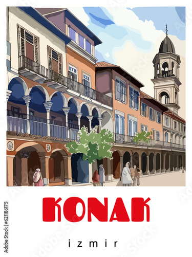 Konak: Retro tourism poster with a Turkish landscape and the headline Konak / İzmir