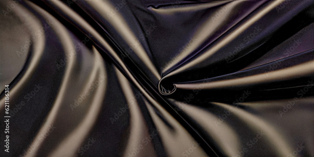 Fototapeta premium Texture, background, pattern. Black silk fabric.Pure Silk Charmeuse Crepe Backed Satin in BLACK fabric. Wide Stretch Silk Charmeuse Black By the Yard