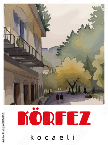 Körfez: Retro tourism poster with a Turkish landscape and the headline Körfez / Kocaeli photo