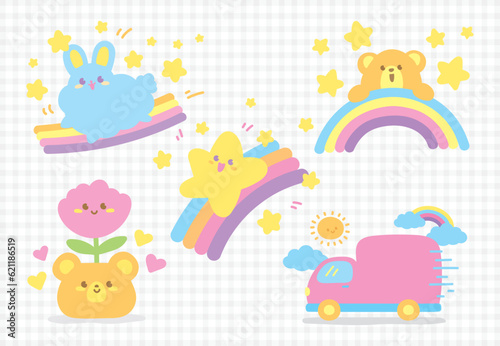 cute happy sweet pastel kawaii cartoon illustration graphic element vector set for decorating your artwork