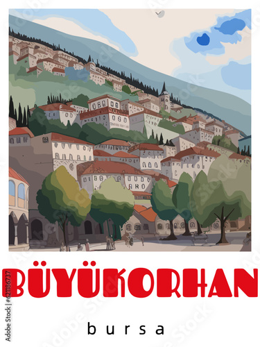 Büyükorhan: Retro tourism poster with a Turkish landscape and the headline Büyükorhan / Bursa