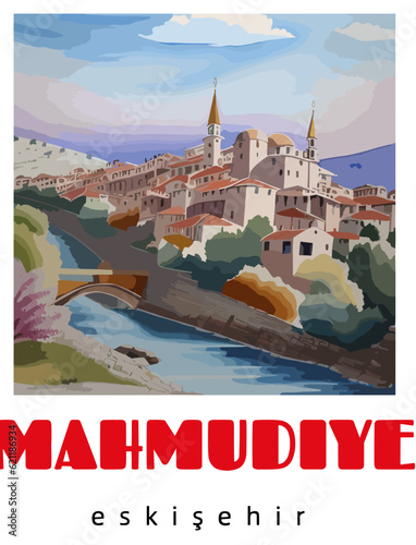 Mahmudiye: Retro tourism poster with a Turkish landscape and the headline Mahmudiye / Eskişehir photo