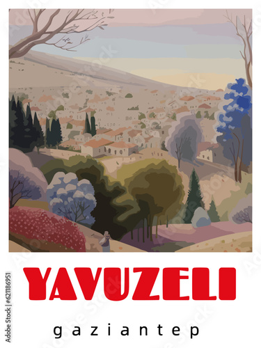 Yavuzeli: Retro tourism poster with a Turkish landscape and the headline Yavuzeli / Gaziantep photo