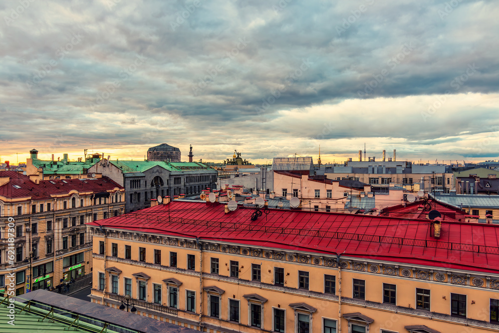Fototapeta premium Gaze Upon Saint Petersburg's Splendor: Unforgettable Rooftop Views from the Taleon Imperial Hotel, Where the City's Magnificence Unfolds Before Your Eyes.