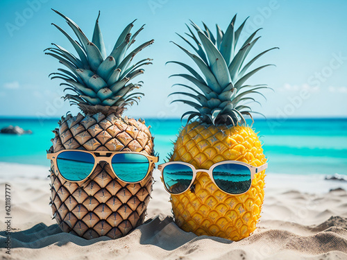 Pineapple with sunglasses on the beach. Summer vacation concept.