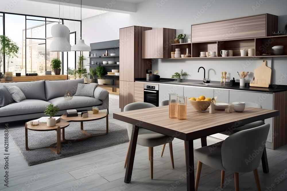 interior design, light Stylish apartment interior with modern kitchen.