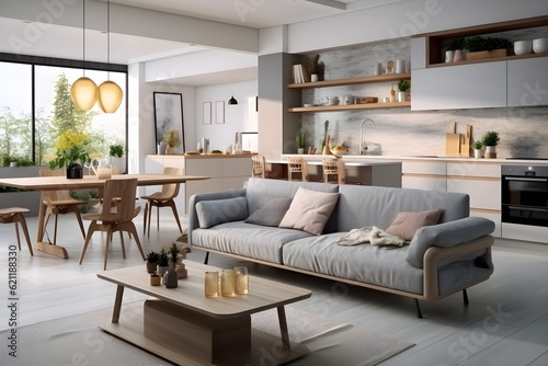 interior design, light Stylish apartment interior with modern kitchen. © SEUNGJIN