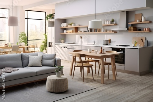 interior design  light Stylish apartment interior with modern kitchen.
