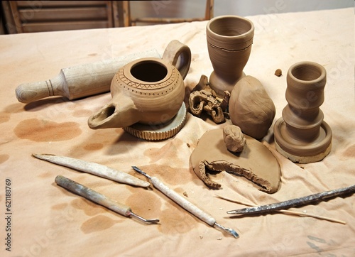 Clay vessels. Pottery product. Background