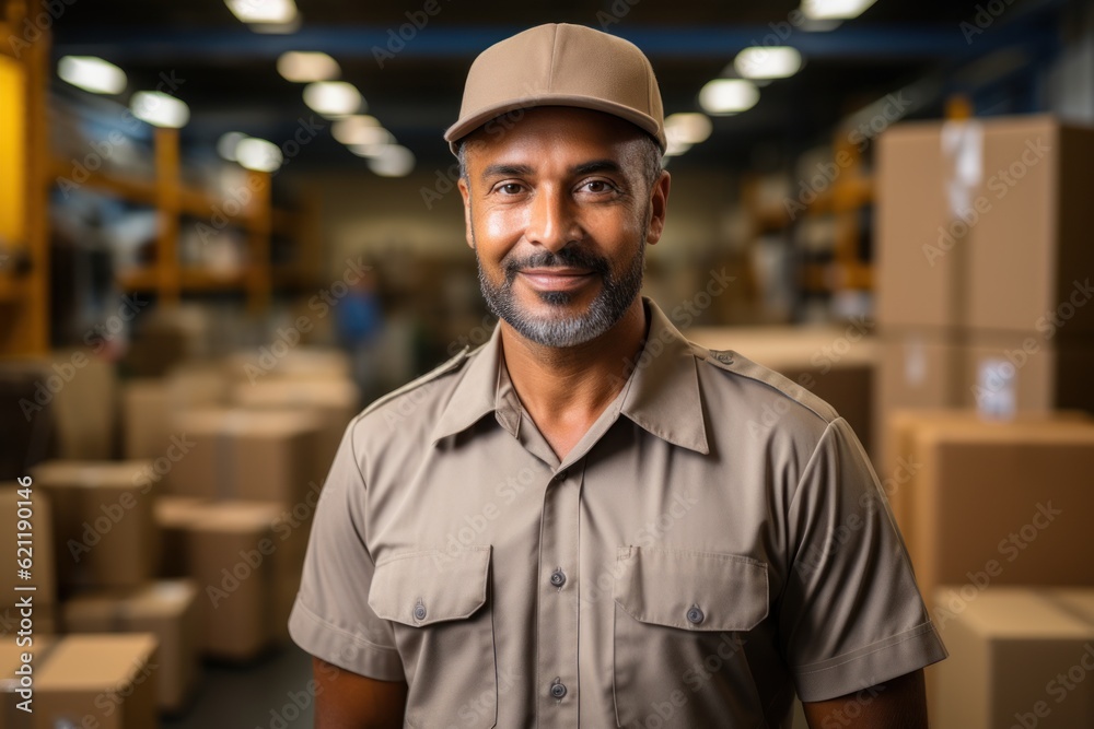 The delivery man is standing holding a package box The delivery man is standing holding a package box