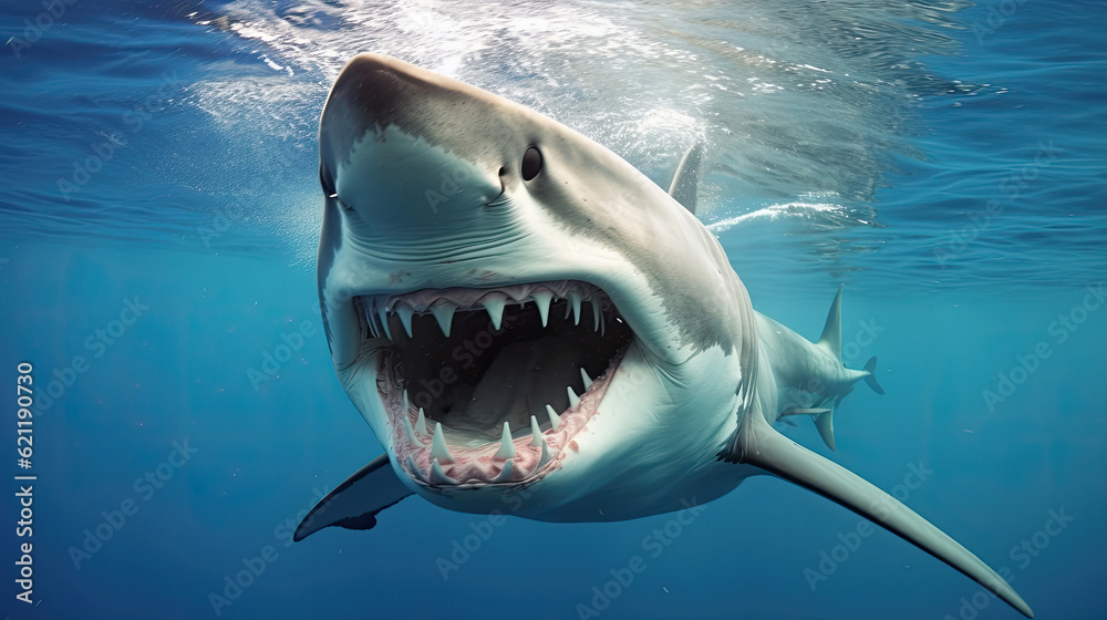 Obraz premium Blue shark with its mouth open under water