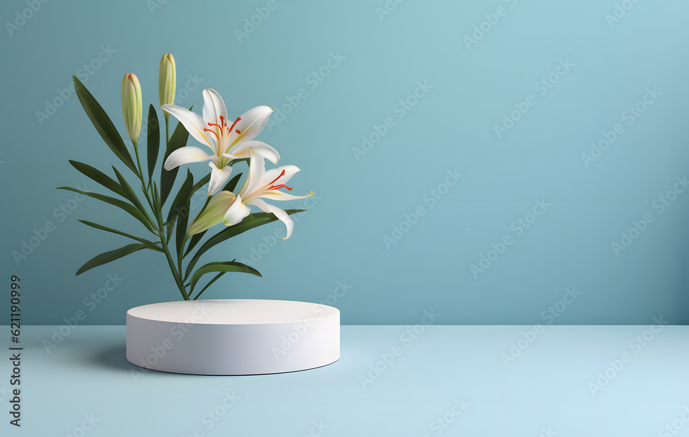 Blank cylinder podium with lily flowers on blue background. Display for product presentation Blank cylinder podium with lily flowers on blue background. Display for product presentation