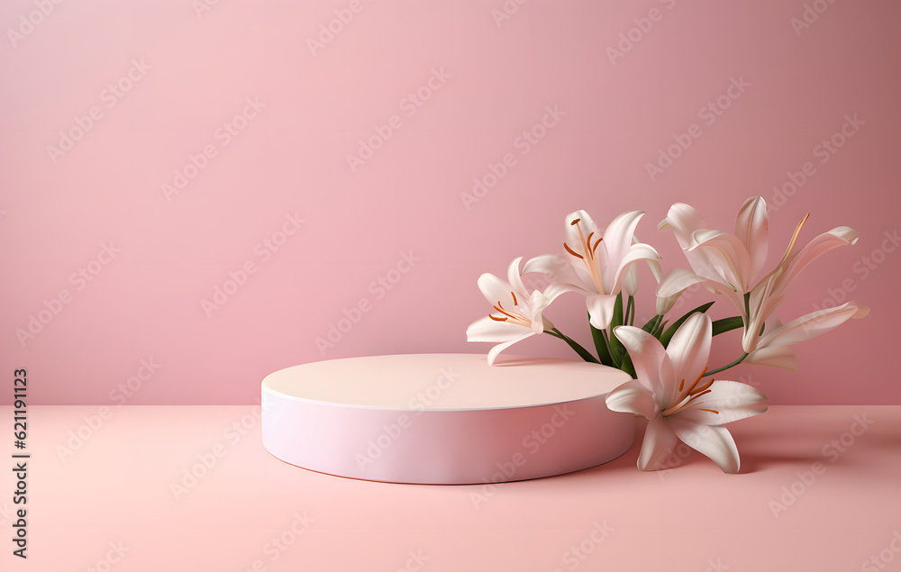 Blank cylinder podium with lily flowers on pink background. Display for product presentation