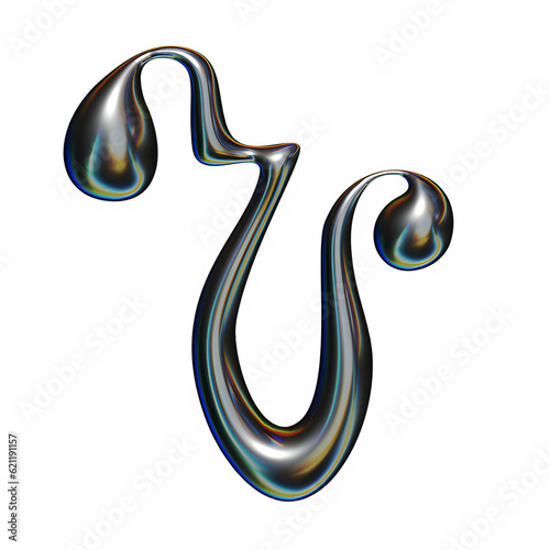Letter V Liquid Chrome Metal, 3d Realistic Futuristic Font Melted