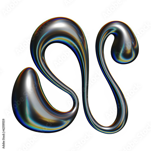 Letter N Liquid Chrome Metal, 3d Realistic Futuristic Font Melted