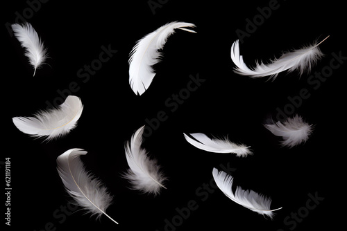 Print op canvas white feathers flying on a black background, Generative AI