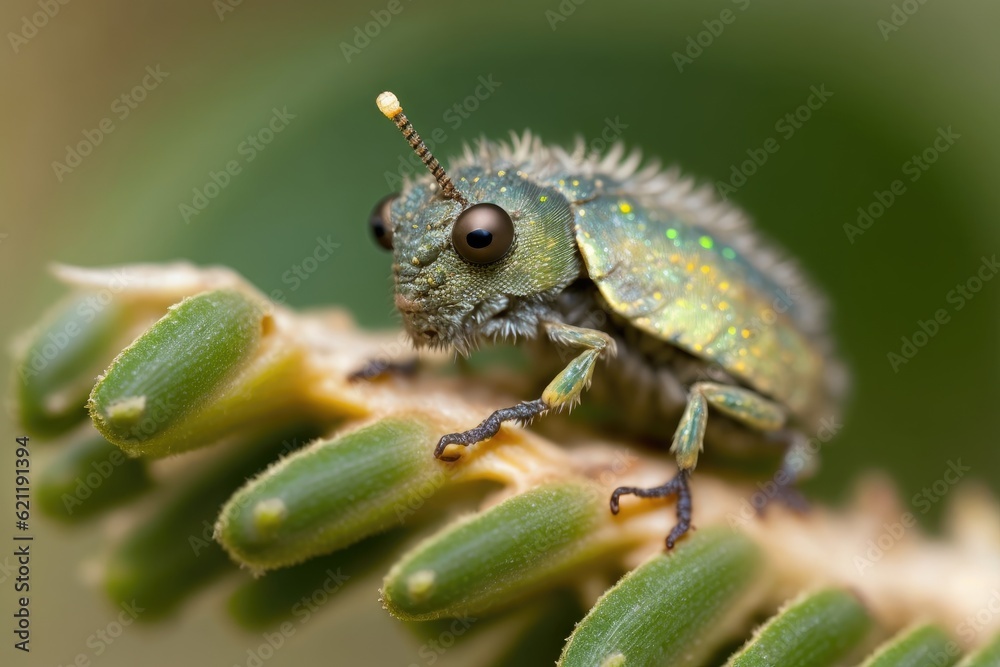 Fototapeta premium macro view of an insect perched on a green leaf. Generative AI