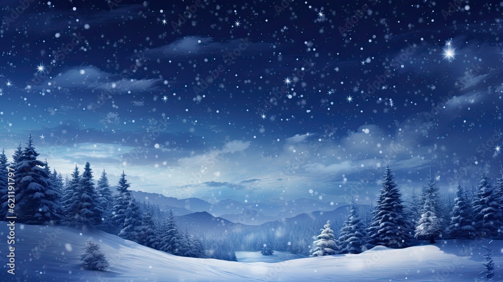 Winter forest with snow, sky and stars at night