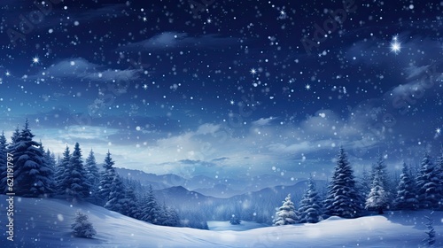 Winter forest with snow, sky and stars at night