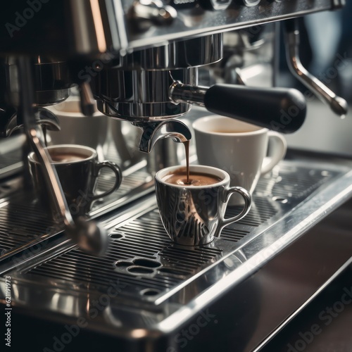 Close up from bottom of professional coffee machine preparing fresh espresso coffee. Generative AI