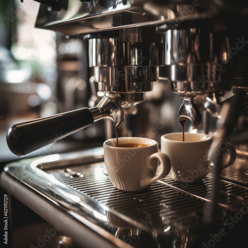 Close up from bottom of professional coffee machine preparing fresh espresso coffee. Generative AI